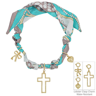 Turquoise/White Knotted Scarf Necklace with Heart, Cross, and Pearl Charm