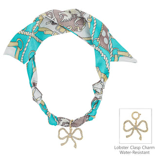 Turquoise/White Knotted Scarf Necklace with Rhinestone Open Bow 1.5" Charm