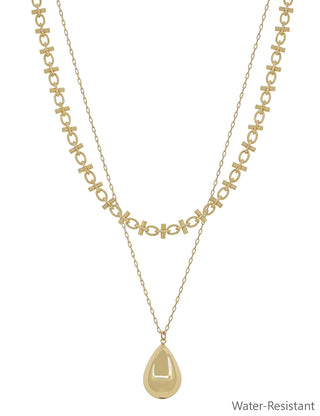 Water Resistant Layered Gold Chain with 20MM Beaded Teardrop Charm 16"-18" Necklace