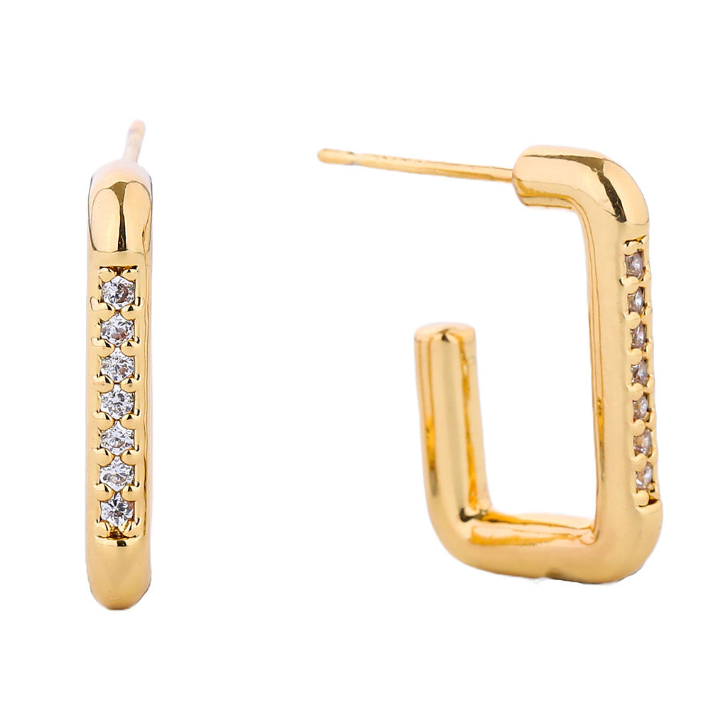 Gold Dipped CZ Stone Paved Rectangle Hoop Earrings (2 Colors)