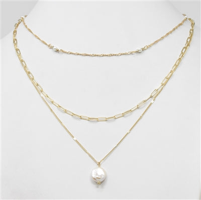 Gold Dainty 3 Layered Chain with Freshwater Pearl Necklace