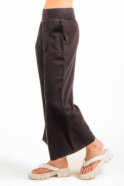 Black Woven Contrast Knit Waist Wide Leg Pants w/ Pockets