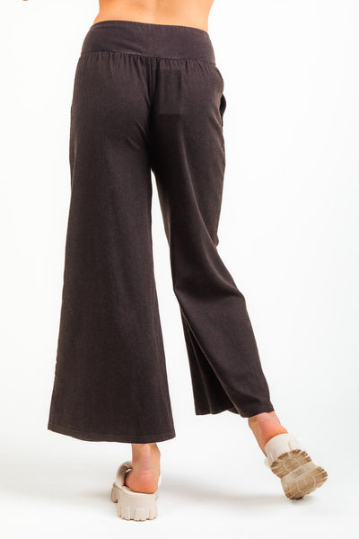 Black Woven Contrast Knit Waist Wide Leg Pants w/ Pockets