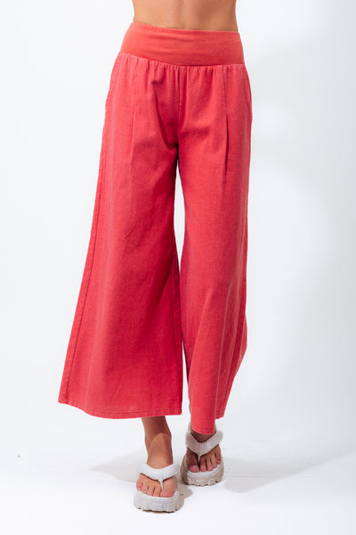 Rust Woven Contrast Knit Waist Wide Leg Pants w/ Pockets