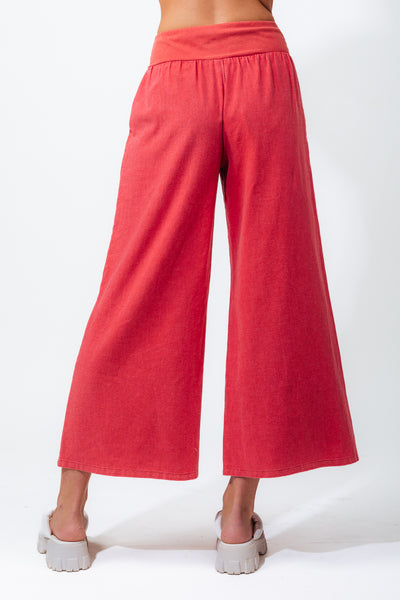 Rust Woven Contrast Knit Waist Wide Leg Pants w/ Pockets