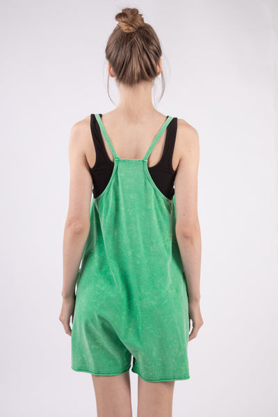 Green Casual Sleeveless Washed Knit Romper