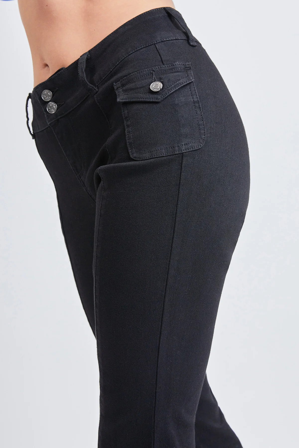 BLACK LOW-RISE CARGO FLARE JEAN WITH SIDE POCKETS BY YMI