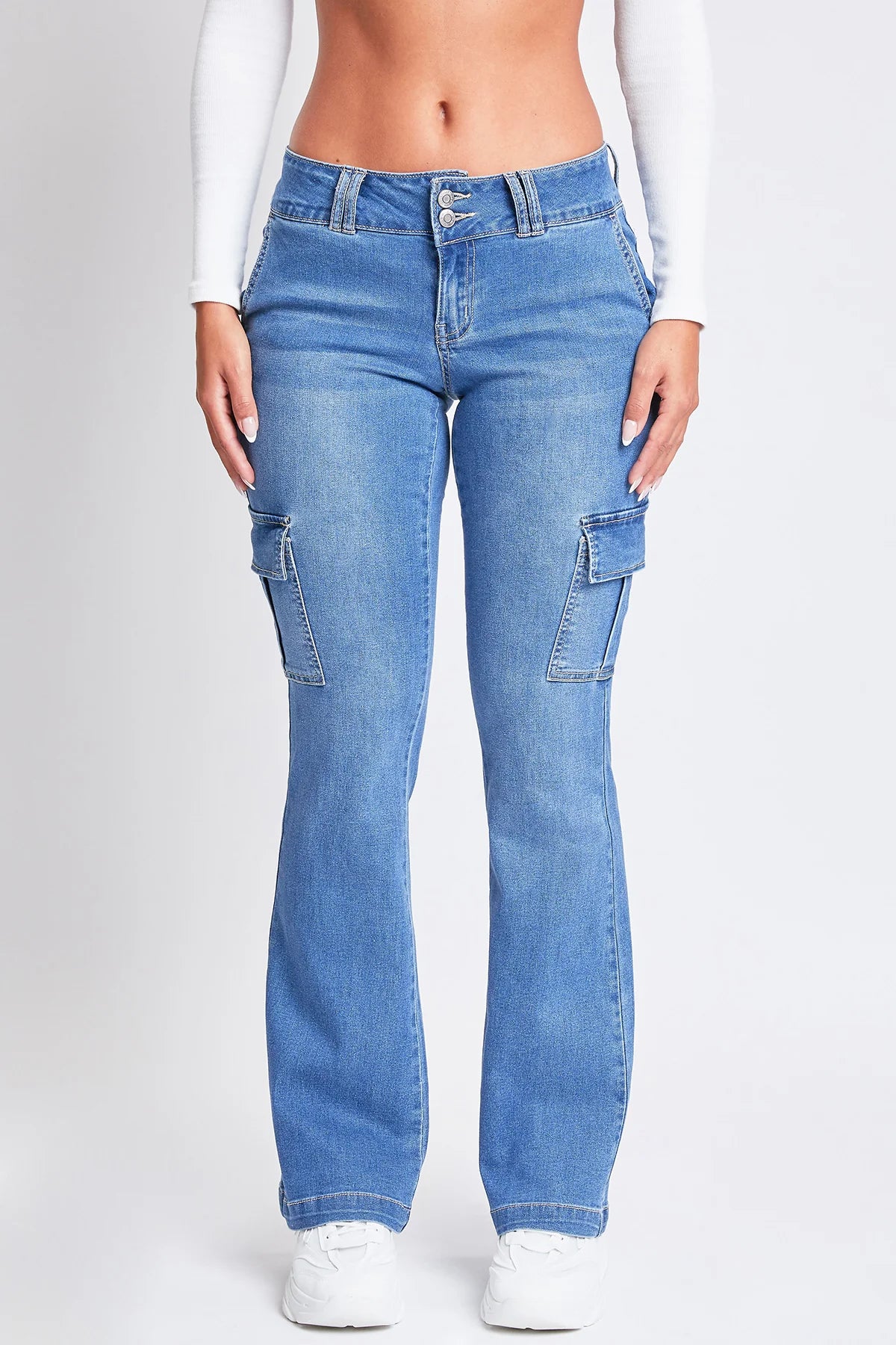 MEDIUM WASH LOW RISE CARGO FLARE JEANS by YMI