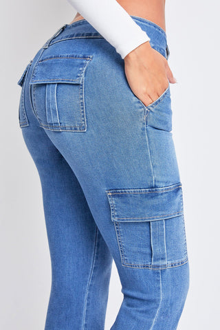 MEDIUM WASH LOW RISE CARGO FLARE JEANS by YMI