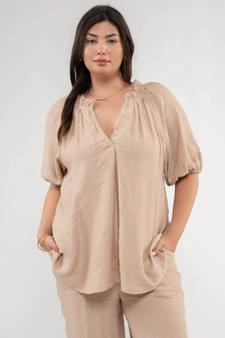 Curvy Khaki Scrunched V Neck Elastic Short Sleeve Top Final Sale