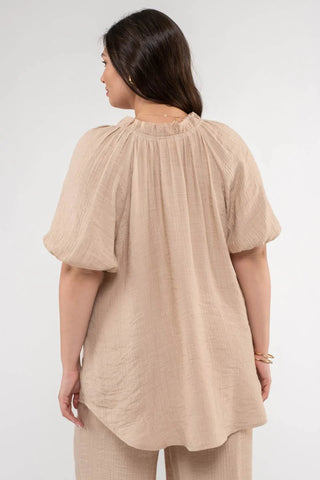 Curvy Khaki Scrunched V Neck Elastic Short Sleeve Top Final Sale