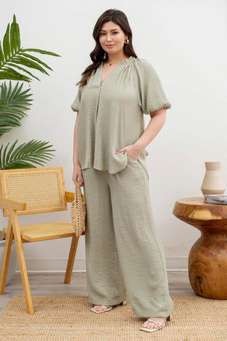 Curvy Light Olive Scrunched V Neck Elastic Short Sleeve Top Final Sale