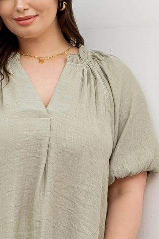 Curvy Light Olive Scrunched V Neck Elastic Short Sleeve Top Final Sale