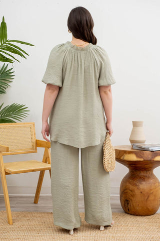 Curvy Light Olive Scrunched V Neck Elastic Short Sleeve Top Final Sale