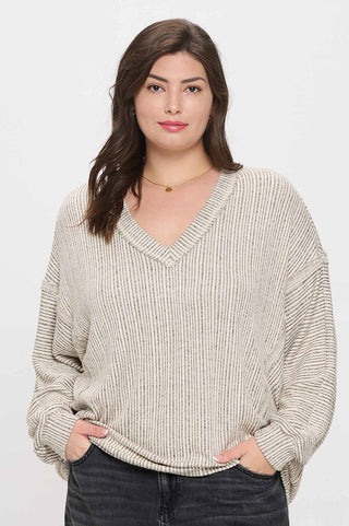 Curvy Taupe Striped Drop Shoulder V Neck Knit Top Final Sale