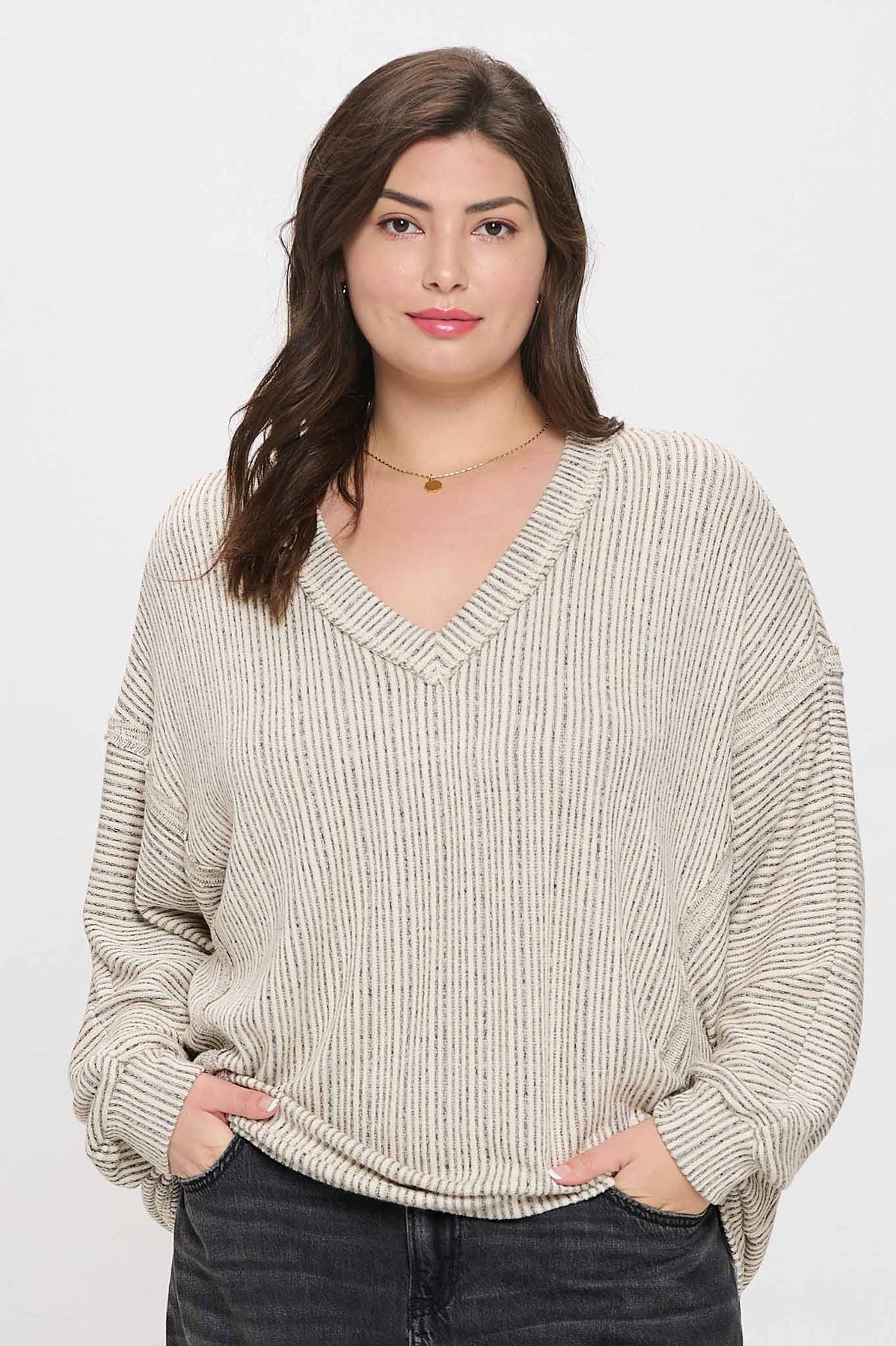 Curvy Taupe Striped Drop Shoulder V Neck Knit Top