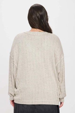 Curvy Taupe Striped Drop Shoulder V Neck Knit Top Final Sale