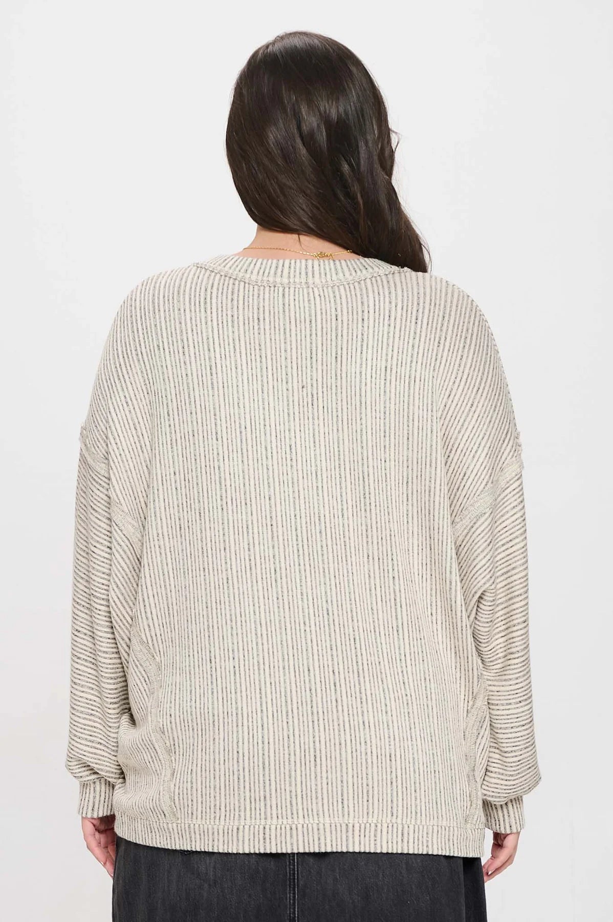 Curvy Taupe Striped Drop Shoulder V Neck Knit Top