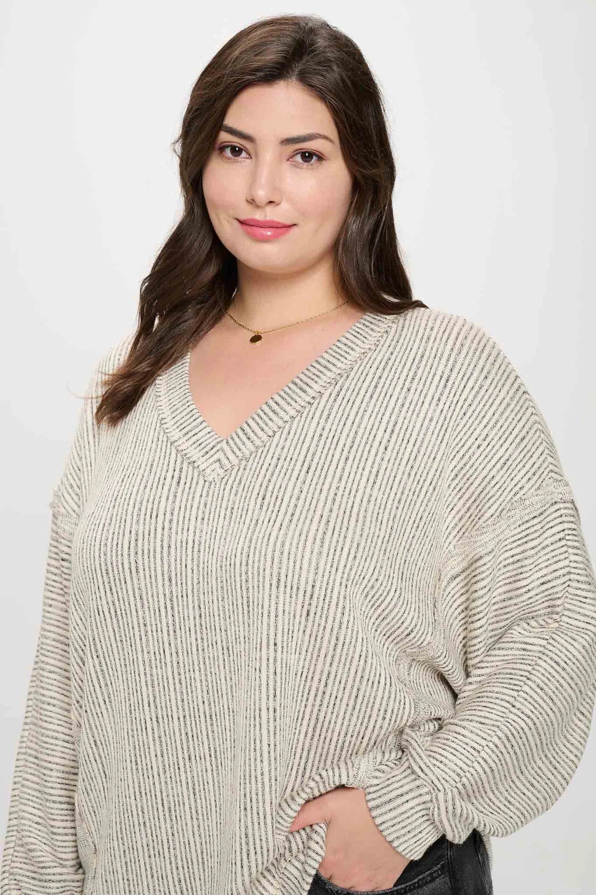 Curvy Taupe Striped Drop Shoulder V Neck Knit Top