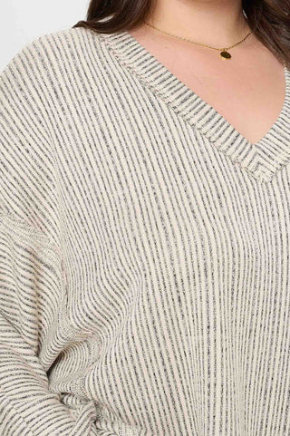 Curvy Taupe Striped Drop Shoulder V Neck Knit Top Final Sale