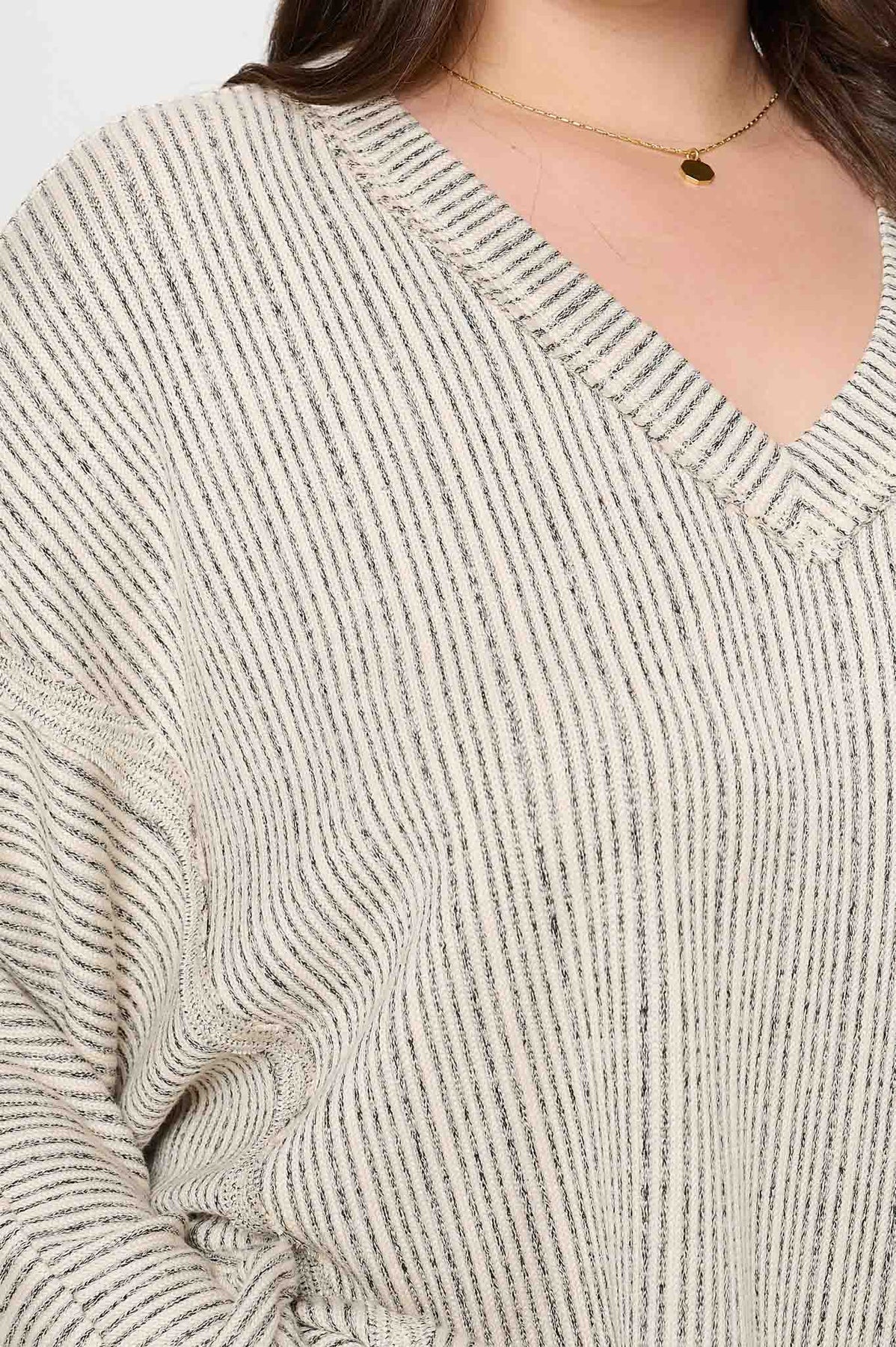 Curvy Taupe Striped Drop Shoulder V Neck Knit Top