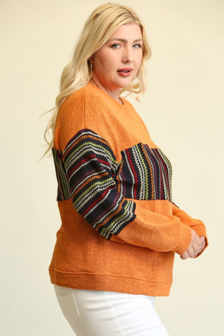 Curvy Pumpkin Textured Knit Mixed Loose Fit Top with Drop Down Shoulder Final Sale