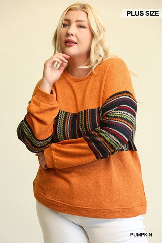 Curvy Pumpkin Textured Knit Mixed Loose Fit Top with Drop Down Shoulder Final Sale