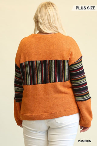 Curvy Pumpkin Textured Knit Mixed Loose Fit Top with Drop Down Shoulder Final Sale