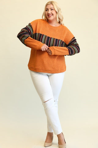 Curvy Pumpkin Textured Knit Mixed Loose Fit Top with Drop Down Shoulder Final Sale