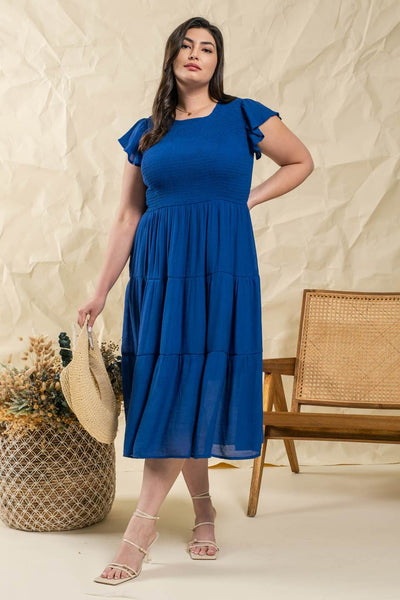 CURVY ROYAL BLUE SMOCKED TIERED MIDI DRESS