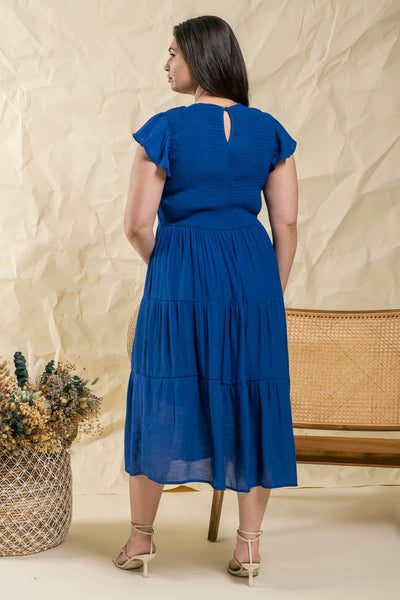 CURVY ROYAL BLUE SMOCKED TIERED MIDI DRESS