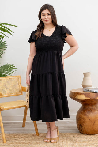 Curvy Black Flutter Sleeve Midi Dress