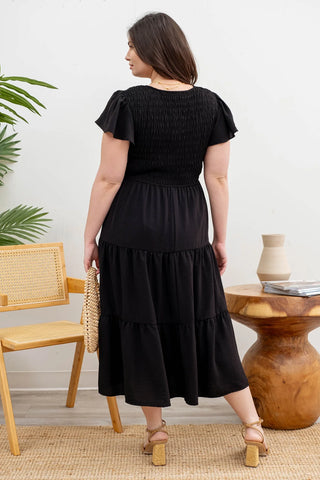 Curvy Black Flutter Sleeve Midi Dress