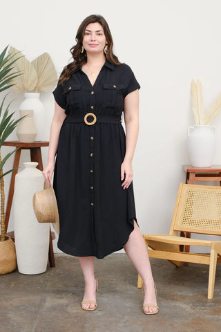 CURVY BLACK COLLARED BUTTON DOWN BELTED MIDI DRESS