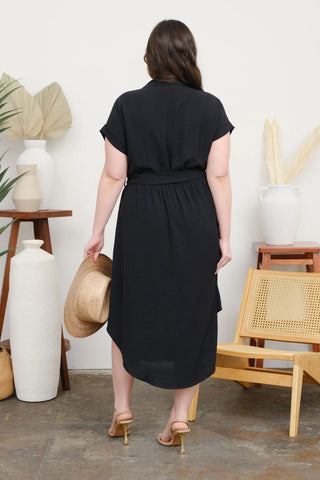 CURVY BLACK COLLARED BUTTON DOWN BELTED MIDI DRESS