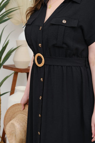 CURVY BLACK COLLARED BUTTON DOWN BELTED MIDI DRESS