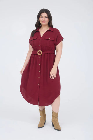 CURVY BURGUNDY COLLARED BUTTON DOWN BELTED MIDI DRESS FINAL SALE