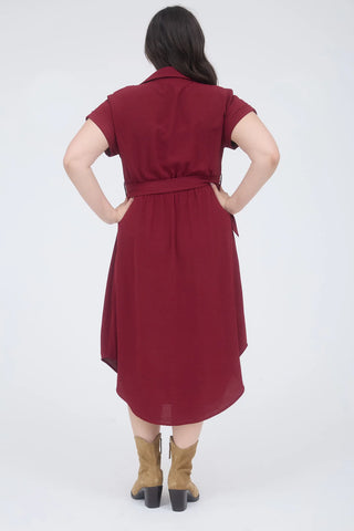 CURVY BURGUNDY COLLARED BUTTON DOWN BELTED MIDI DRESS FINAL SALE