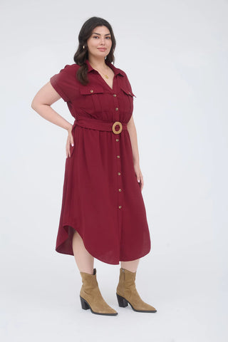 CURVY BURGUNDY COLLARED BUTTON DOWN BELTED MIDI DRESS FINAL SALE