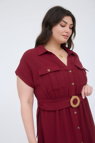 CURVY BURGUNDY COLLARED BUTTON DOWN BELTED MIDI DRESS FINAL SALE