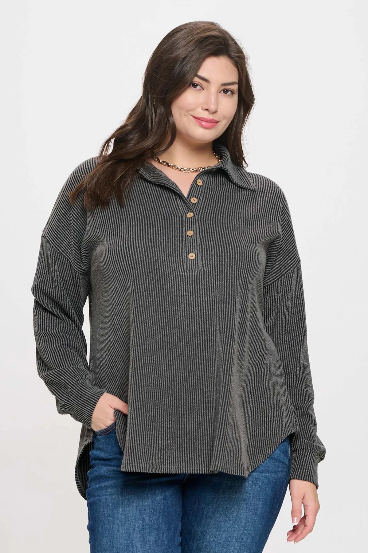 CURVY CHARCOAL PINSTRIPE COLLARED HALF BUTTON KNIT TOP