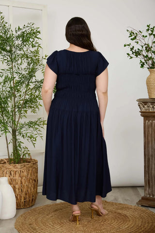 CURVY NAVY SHIRRED BODICE RUFFLE SLEEVE MIDI DRESS