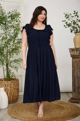 CURVY NAVY SHIRRED BODICE RUFFLE SLEEVE MIDI DRESS