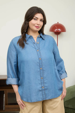 CURVY CHAMBRAY COLLARED 3/4 TAB SLEEVE SHIRT