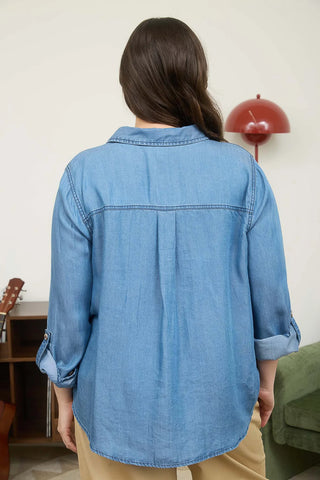 CURVY CHAMBRAY COLLARED 3/4 TAB SLEEVE SHIRT