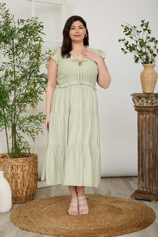CURVY LIGHT MINT SMOCKED FRONT TIE RUFFLE DETAIL TIERED MIDI DRESS FINAL SALE