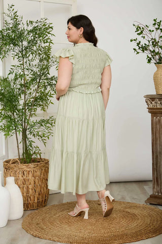 CURVY LIGHT MINT SMOCKED FRONT TIE RUFFLE DETAIL TIERED MIDI DRESS FINAL SALE