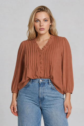 CURVY TERRACOTTA 3/4 SLEEVE RUFFLE TRIM PINTUCK DETAIL BLOUSE