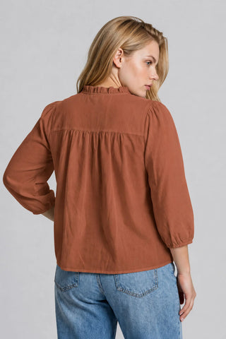 CURVY TERRACOTTA 3/4 SLEEVE RUFFLE TRIM PINTUCK DETAIL BLOUSE