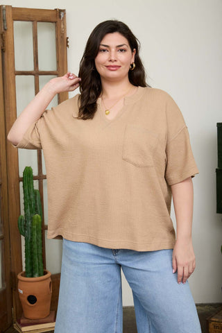 CURVY KHAKI RIBBED SPLIT NECK SHORT SLEEVE BOXY KNIT TOP
